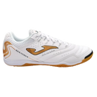 Joma Maxima indoor soccer shoe with a white synthetic upper, gold accents, mesh panels and flat gum rubber outsole