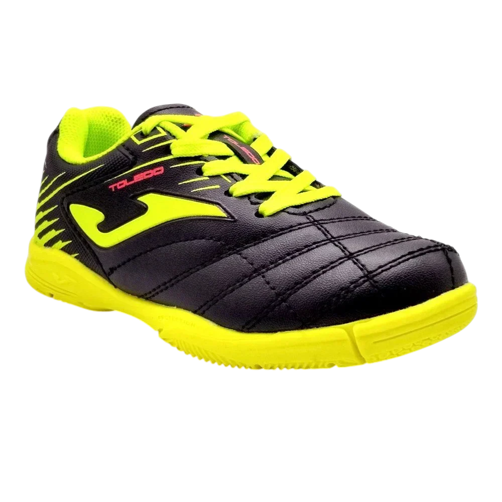 Joma Toledo indoor soccer shoe in black synthetic material with neon yellow laces, trim and sole, quilted panels