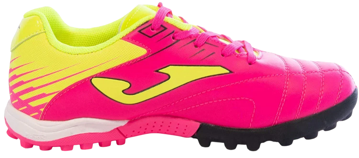 Joma Toledo turf soccer shoe in neon pink and yellow synthetic material, with black rubber studs and a bold side logo