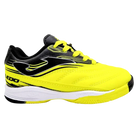 Joma Toledo indoor soccer shoe in neon yellow and black synthetic material, with contrast laces and a flat rubber outsole