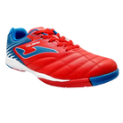 Joma Toledo indoor soccer shoe in red synthetic material with blue accents, white Joma logo and quilted forefoot