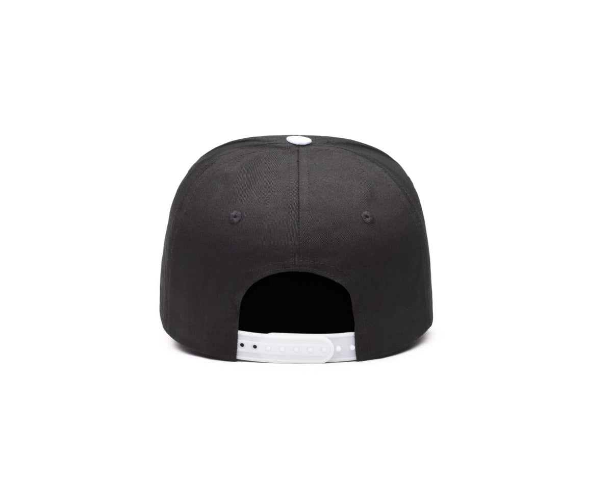 Juventus Two-Tone Adjustable Cap in black with a white snapback strap and small white top button, shown from the rear.