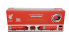 Liverpool Mini Team Bus collectible in red, shown packaged with Liverpool FC branding and a miniature coach illustration
