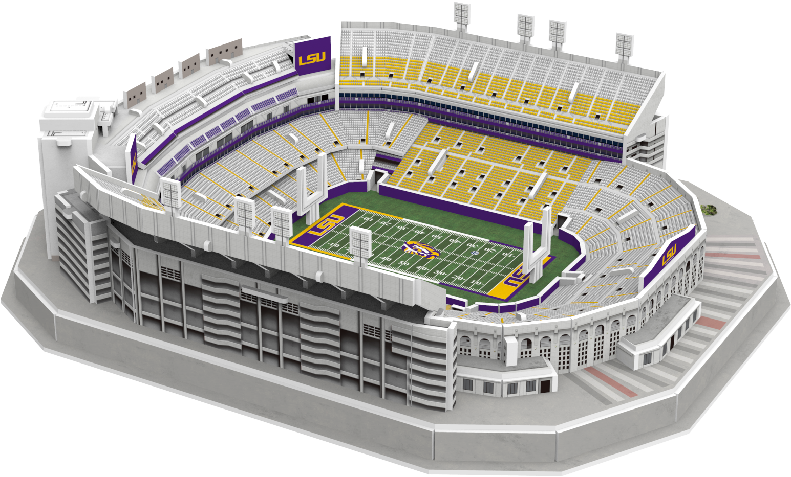 Official LSU Tiger Stadium 3D replica puzzle showing detailed college football stadium model in purple and gold colors