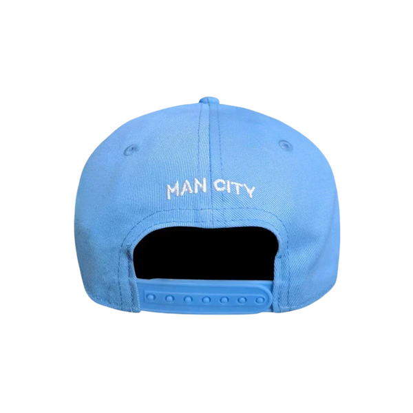 Manchester City Adjustable Cap in sky blue fabric, showing white MAN CITY embroidery and a blue snapback strap