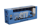 Manchester City Mini Team Bus, a blue miniature coach with crest and large CITY graphics, displayed in branded packaging
