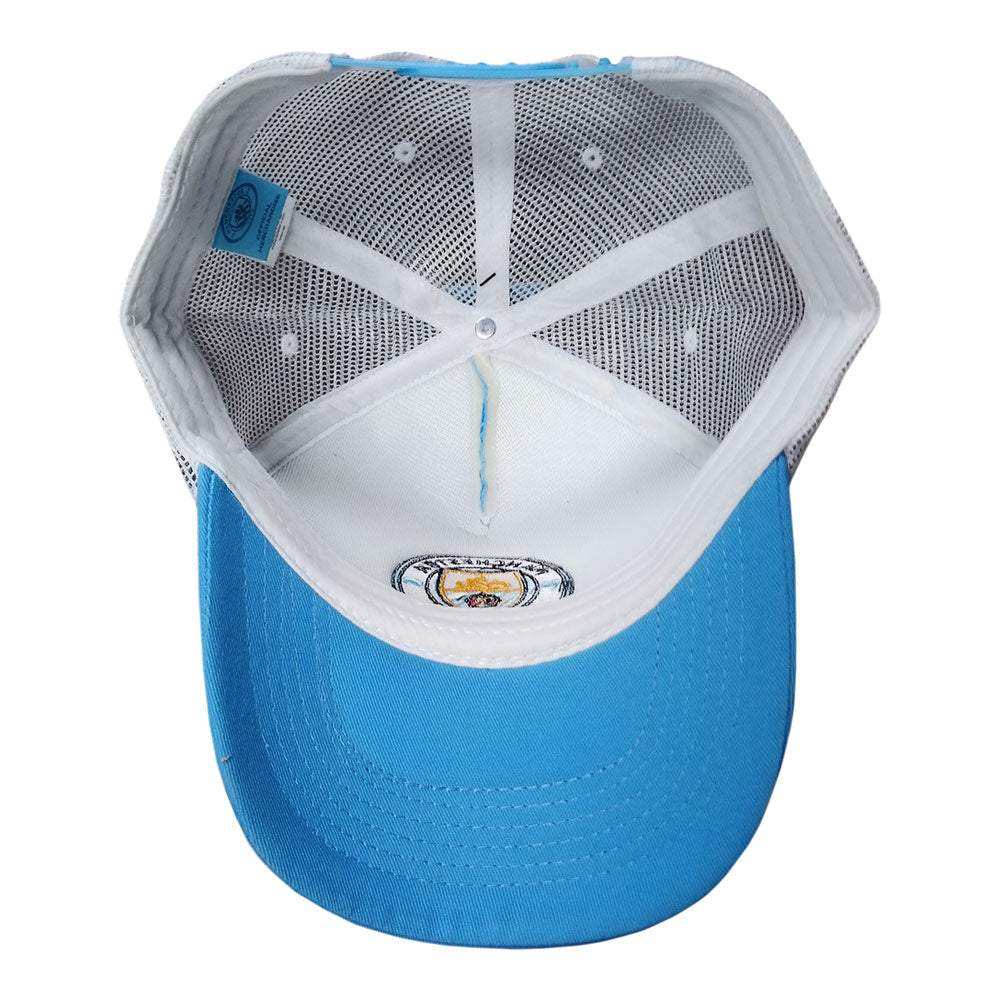 Manchester City Trucker Hat in sky blue with a white mesh back, curved brim and embroidered club crest inside