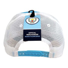Manchester City Trucker Hat in white mesh with a sky blue adjustable snapback strap and official merchandise tag