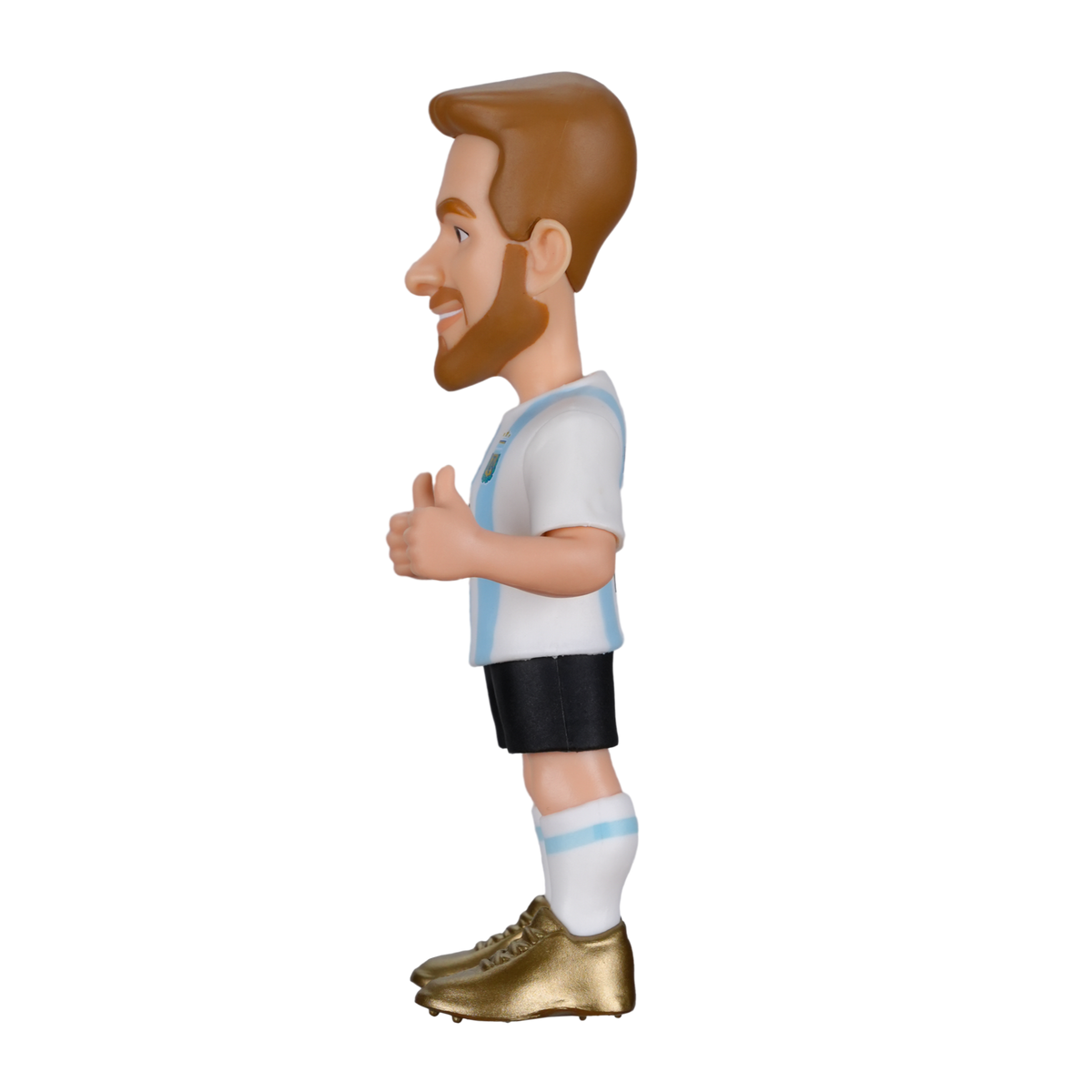 Minix Alexis Mac Allister figurine in Argentina's white and sky-blue kit, with black shorts, brown hair and beard, and gold boots