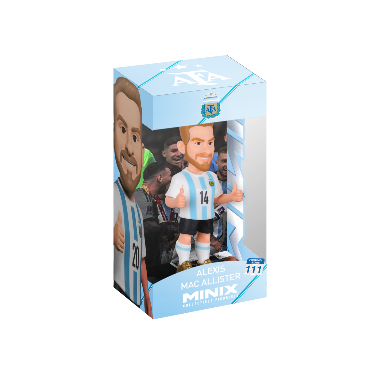 Minix Alexis Mac Allister collectible figurine in Argentina’s blue-and-white striped kit, displayed in branded packaging