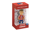 Minix Antoine Griezmann figurine with stylized brown hair, wearing Atlético Madrid red-and-white striped shirt, blue shorts and socks.