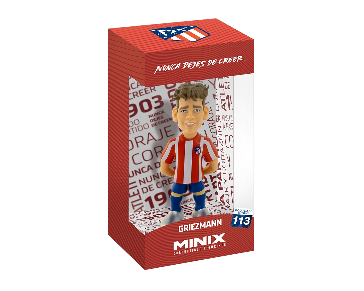 Minix Antoine Griezmann figurine with stylized brown hair, wearing Atlético Madrid red-and-white striped shirt, blue shorts and socks.