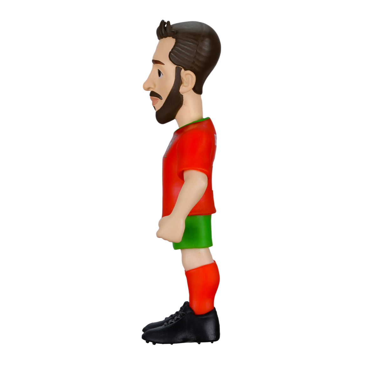 Minix Bernardo Silva football figurine in a red shirt, green shorts and socks, with dark hair, beard and black boots