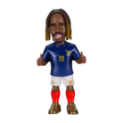 Minix Bradley Barcola collectible figurine in a blue France jersey, white shorts, red socks and gold boots