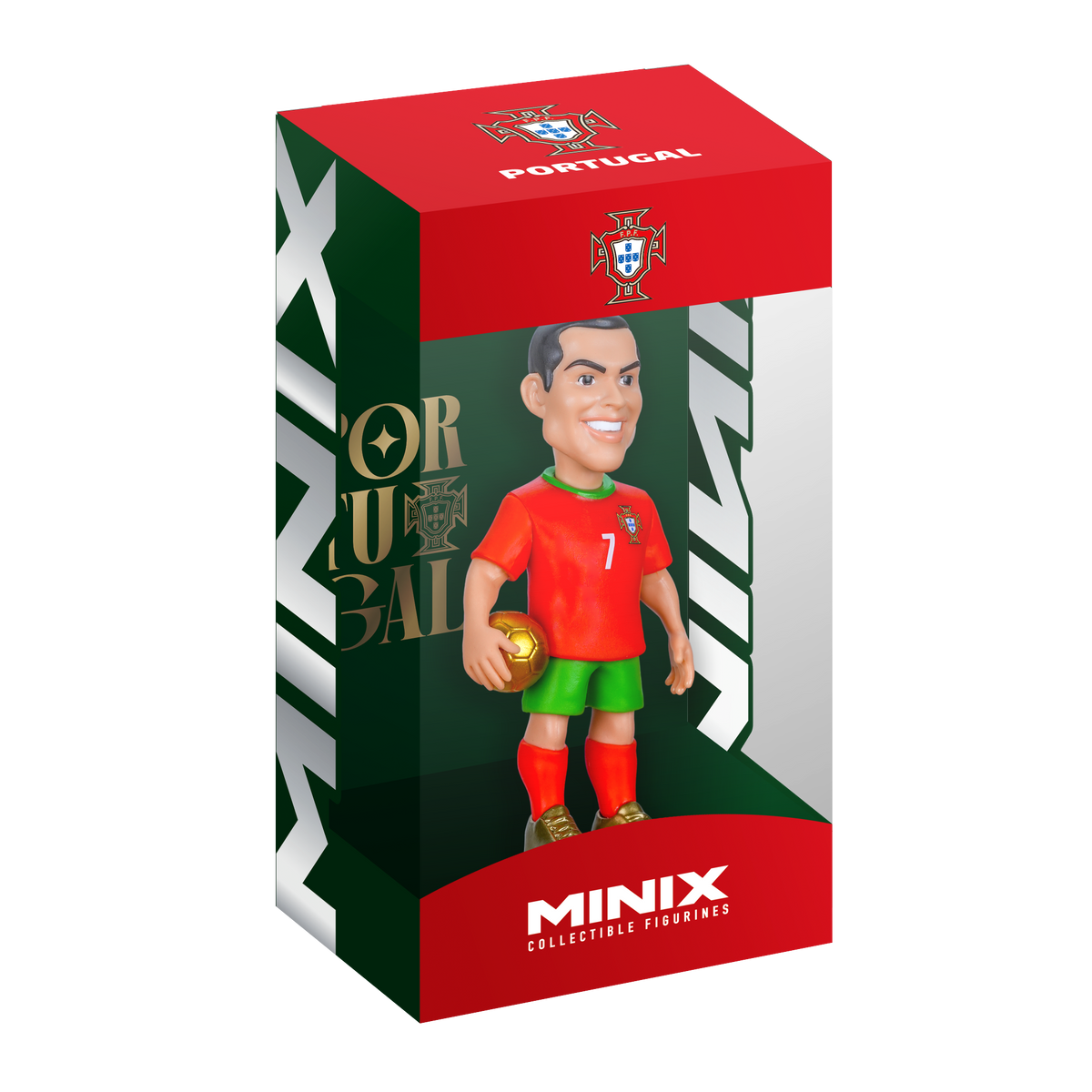 Minix Cristiano Ronaldo figurine in a red Portugal shirt, green shorts and red socks, holding a golden ball in its display box