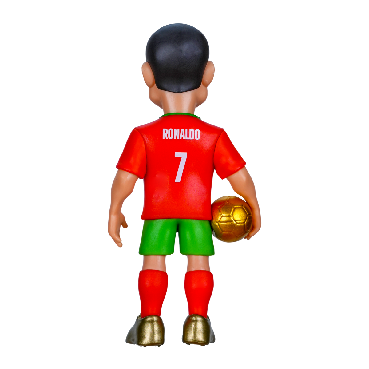 Minix Cristiano Ronaldo figurine viewed from behind, wearing a red Portugal shirt with number 7, green shorts and holding a gold football.