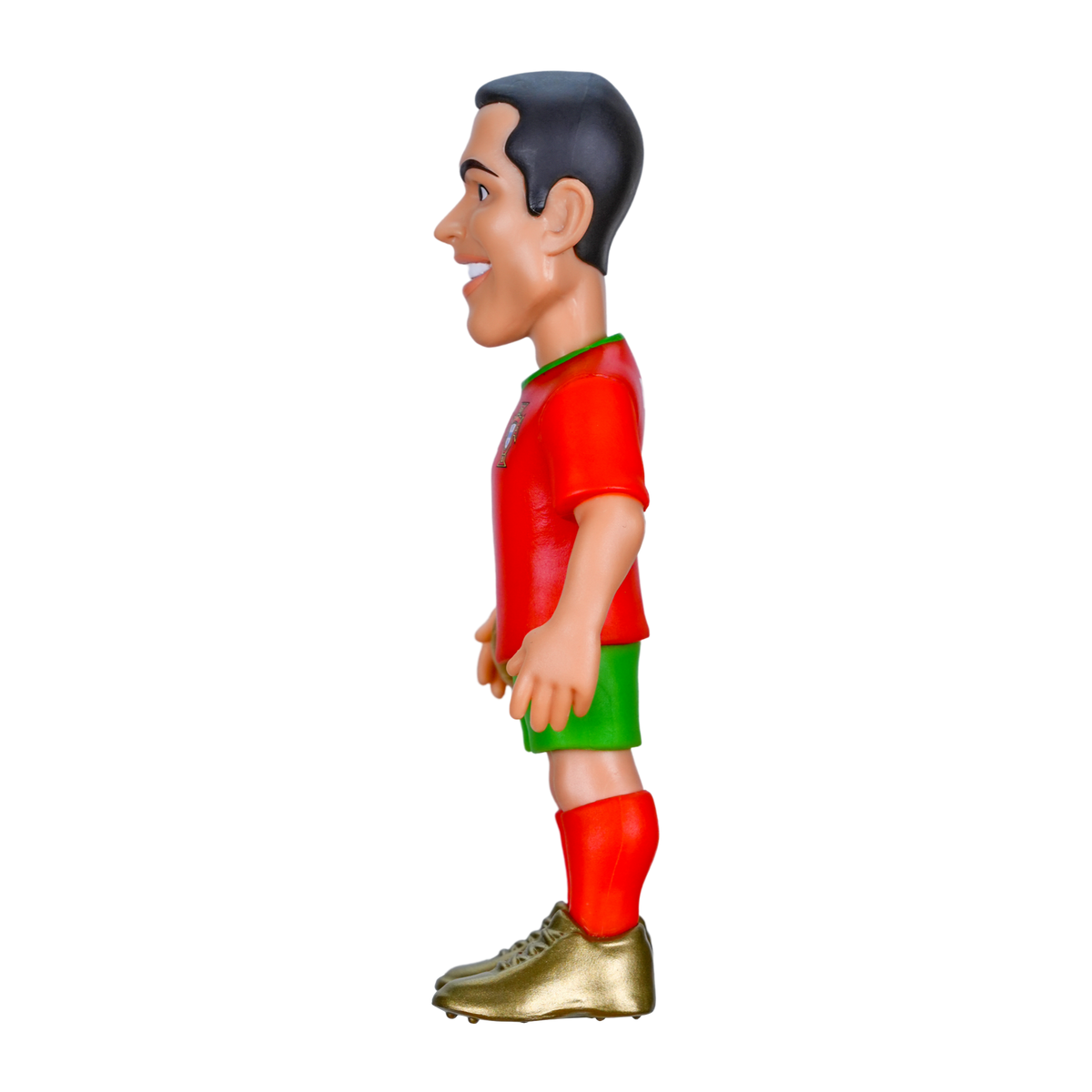 Minix Cristiano Ronaldo figurine in a red Portugal shirt, green shorts and gold boots, shown in side profile
