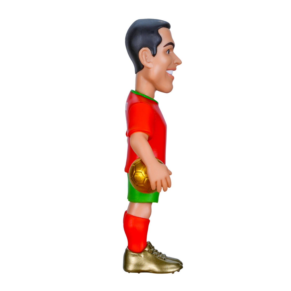 Minix Cristiano Ronaldo figurine in a red Portugal kit with green trim, holding a gold football and wearing gold boots