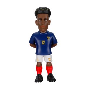 Minix Désiré Doué football figurine in a blue France shirt, white shorts and red socks, with black hair and shoes