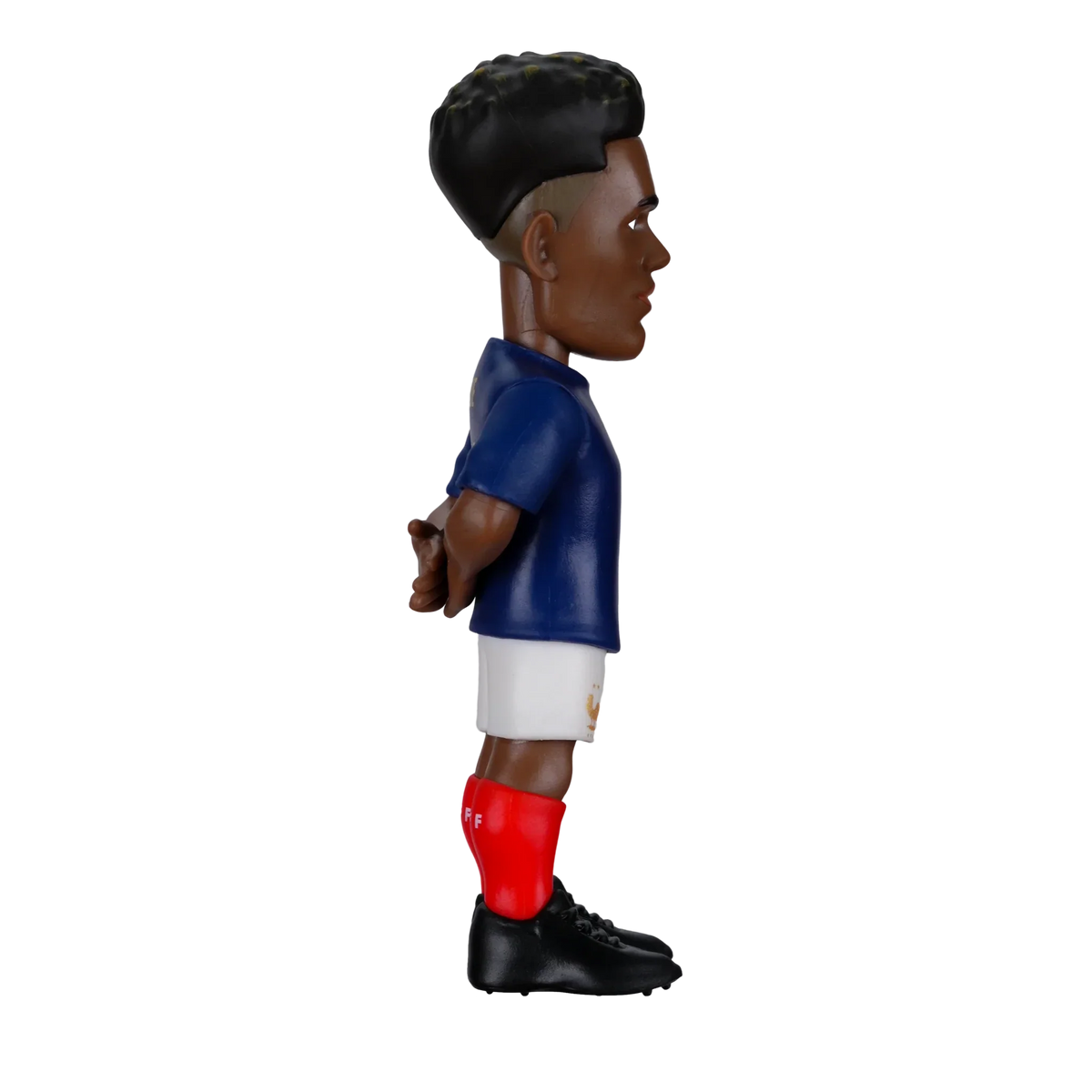Minix Désiré Doué collectible football figurine in a blue France shirt, white shorts and red socks, with black boots