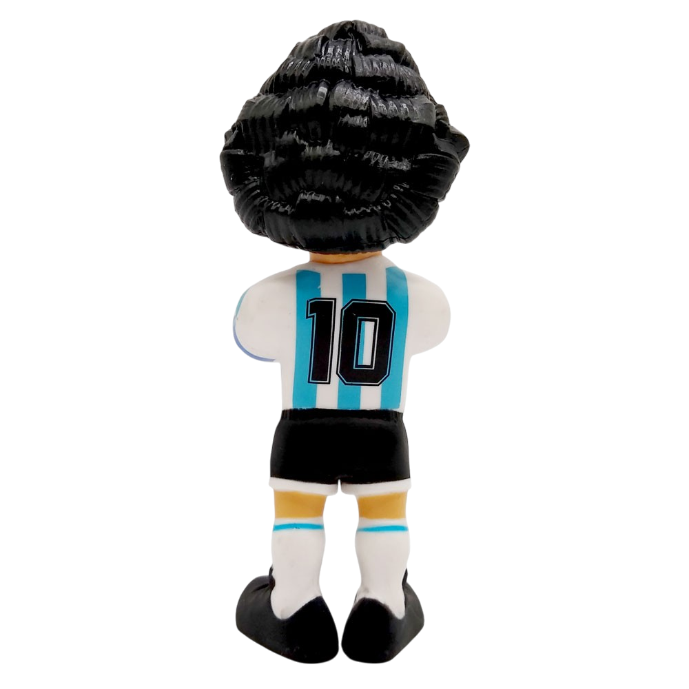 Minix Diego Maradona Argentina Figurine with black sculpted hair, blue and white striped number 10 shirt, black shorts and white socks
