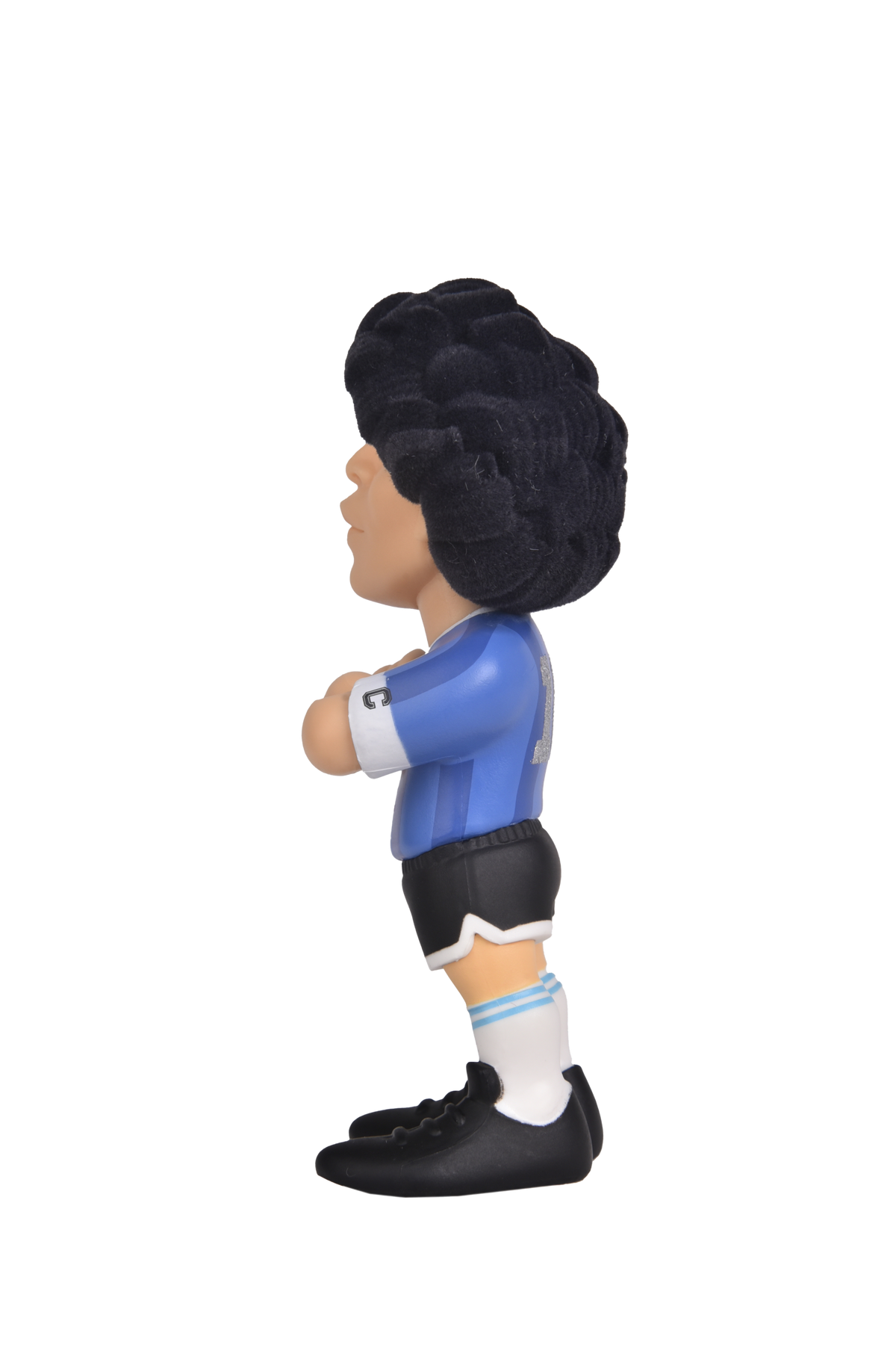 Minix Diego Maradona figurine in a blue-and-white striped jersey, black shorts and boots, with sculpted curly hair