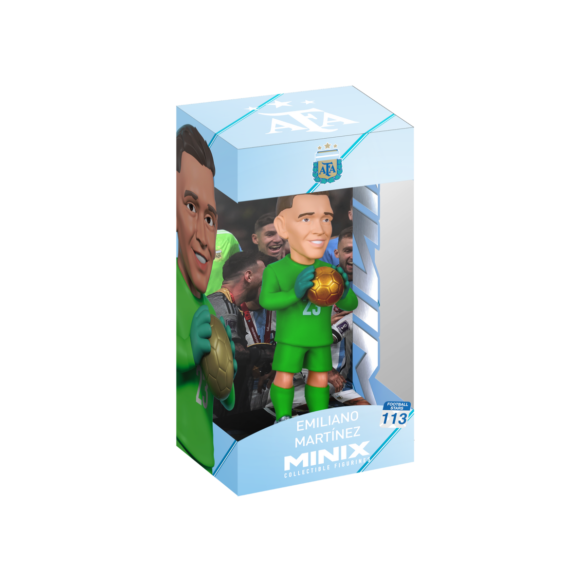 Minix Emiliano Martínez Argentina figurine in a bright green goalkeeper kit, holding a gold trophy in blue display packaging