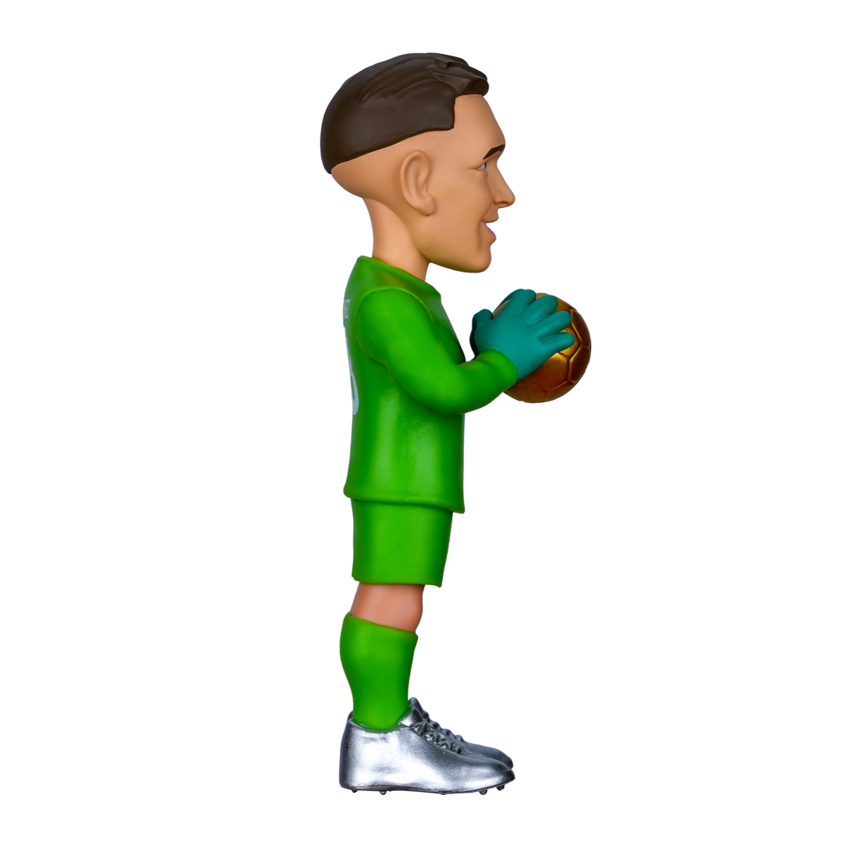 Minix Emiliano Martínez collectible figurine in a bright green goalkeeper kit, teal gloves and silver boots holding a ball