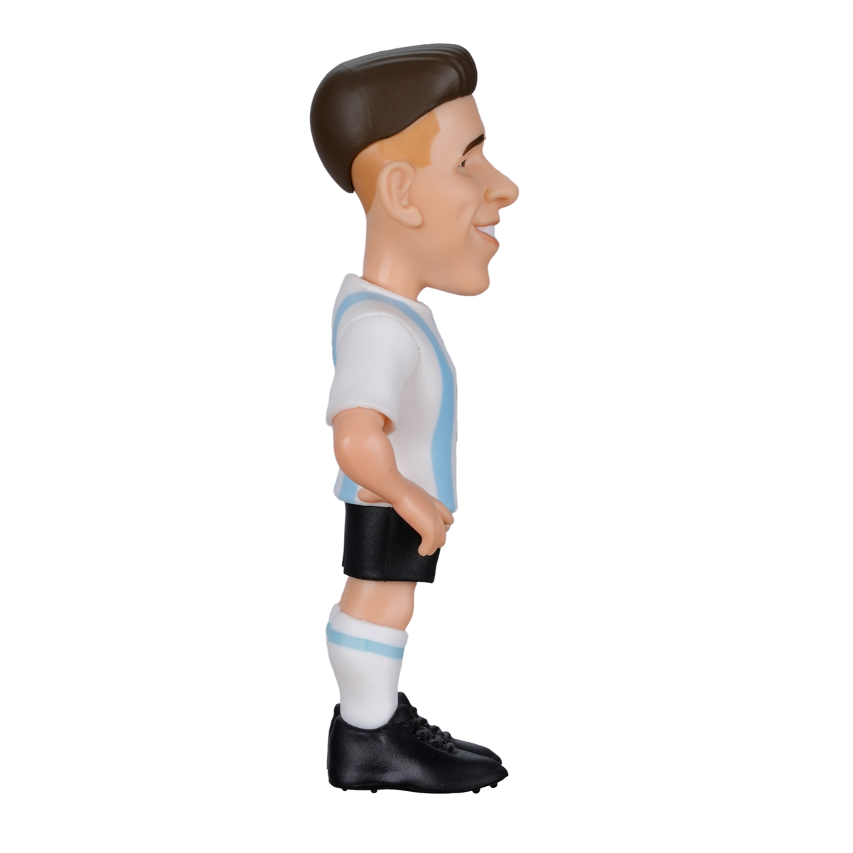 Minix Enzo Fernández figurine in Argentina’s white and sky-blue striped football kit, with black shorts and boots.