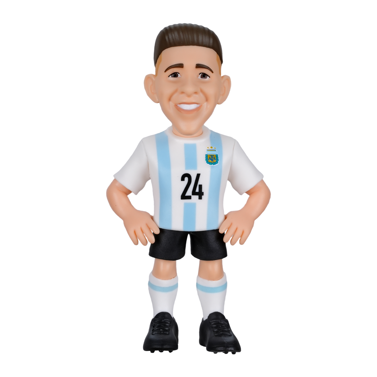 Minix Enzo Fernández figurine in Argentina’s white and sky-blue striped number 24 shirt, black shorts and white socks