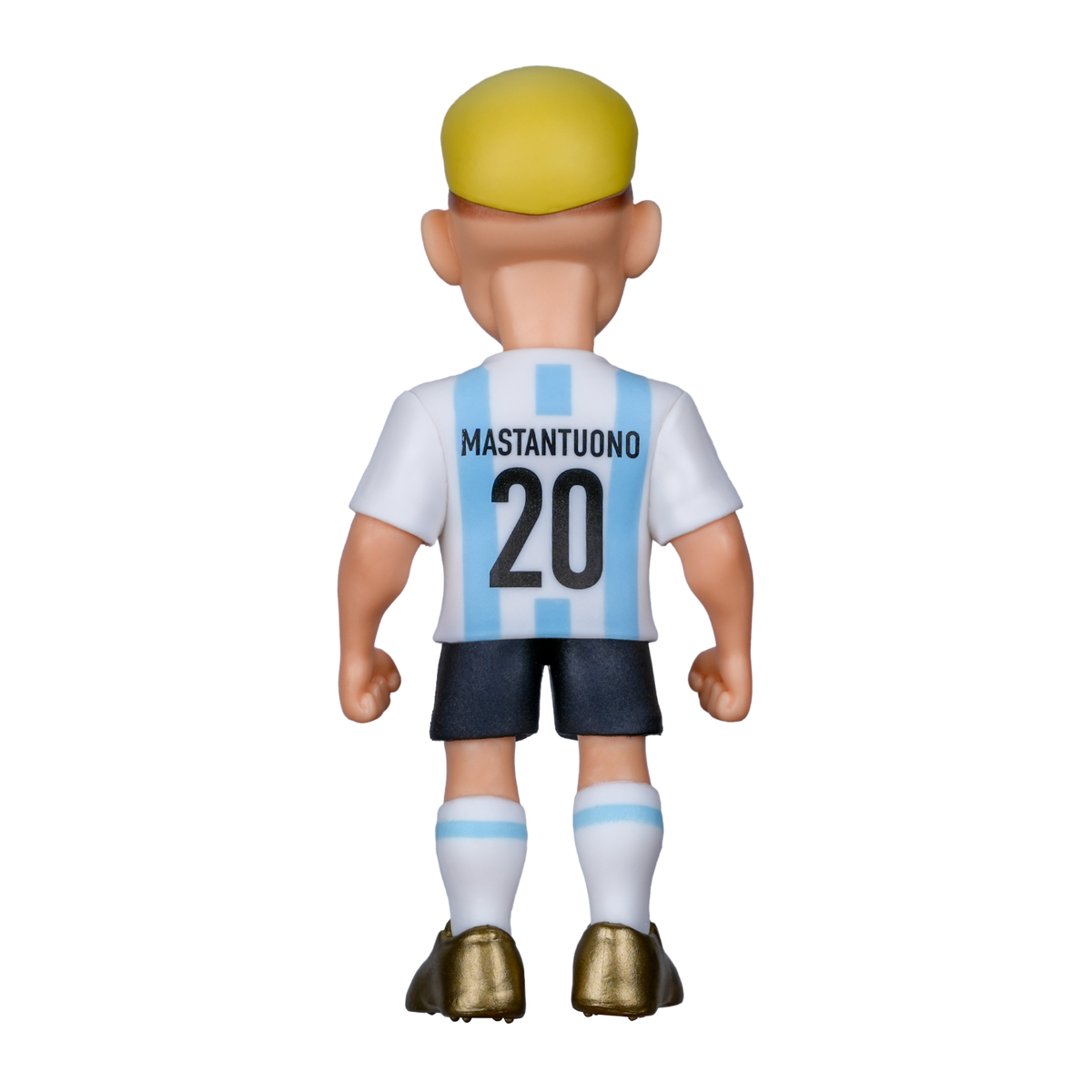 Minix Franco Mastantuono figurine in Argentina’s white and sky-blue striped jersey, shown from behind with number 20.