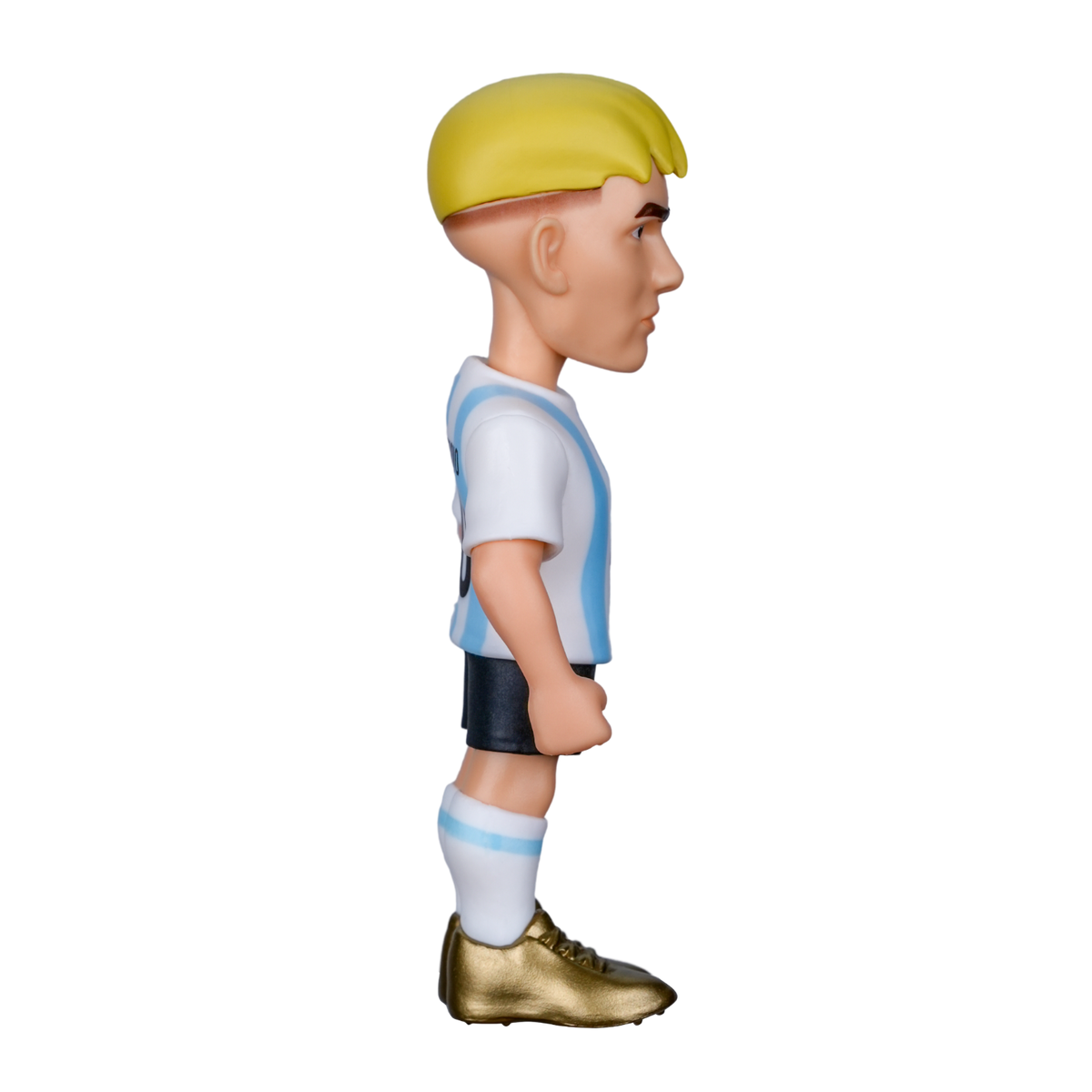 Minix Franco Mastantuono Argentina figurine in a light blue and white striped football kit, black shorts and gold boots