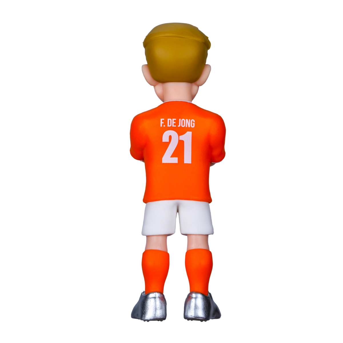 Minix Frenkie de Jong Netherlands figurine in a bright orange shirt marked F. De Jong and number 21, white shorts and orange socks