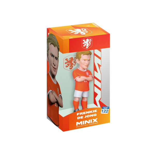 Minix Frenkie de Jong collectible football figurine in an orange Netherlands kit, displayed in branded packaging