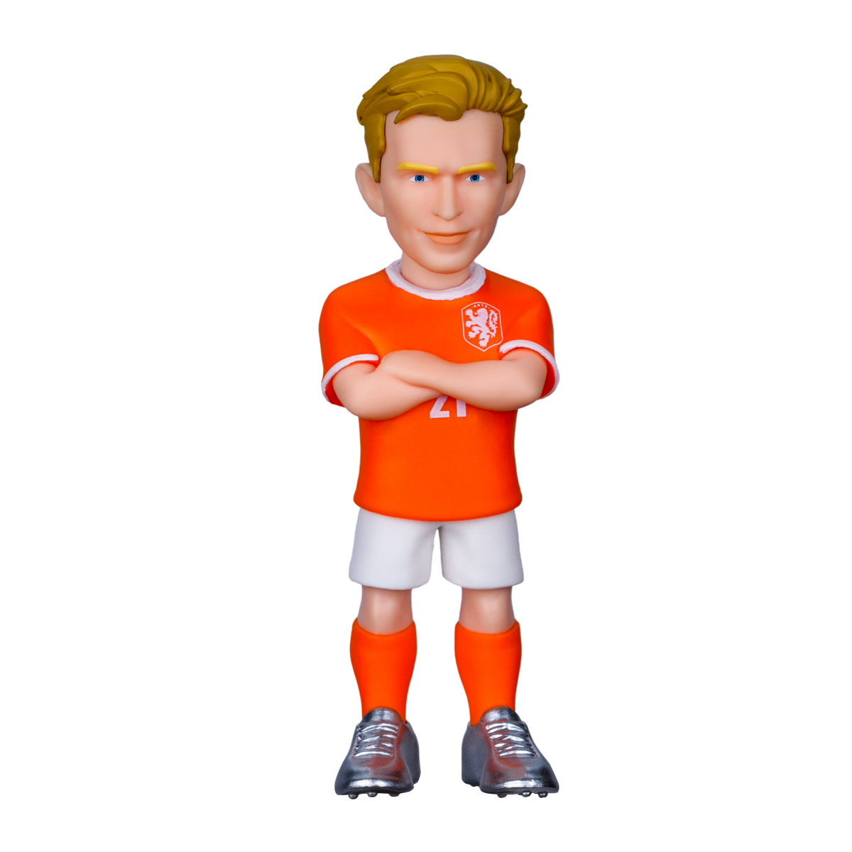 Minix Frenkie de Jong figurine in a bright orange Netherlands kit with white shorts, orange socks and crossed arms