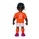 Minix Jeremie Frimpong Netherlands figurine with dark braided hair, bright orange number 12 shirt, white shorts and magenta boots