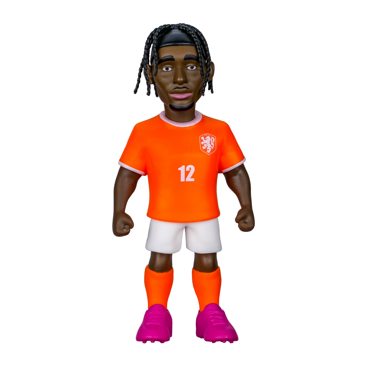 Minix Jeremie Frimpong figurine in an orange Netherlands number 12 shirt, white shorts and bright pink boots