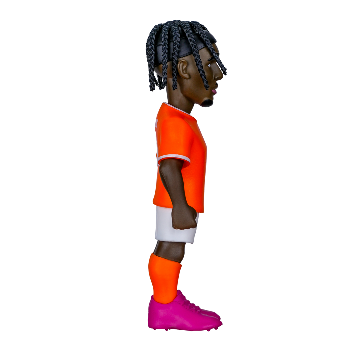 Minix Jeremie Frimpong Netherlands figurine in a bright orange shirt, white shorts, orange socks and pink boots