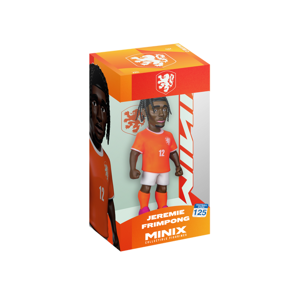 Minix Jeremie Frimpong collectible figurine in an orange Netherlands number 12 kit with white shorts and pink boots, boxed