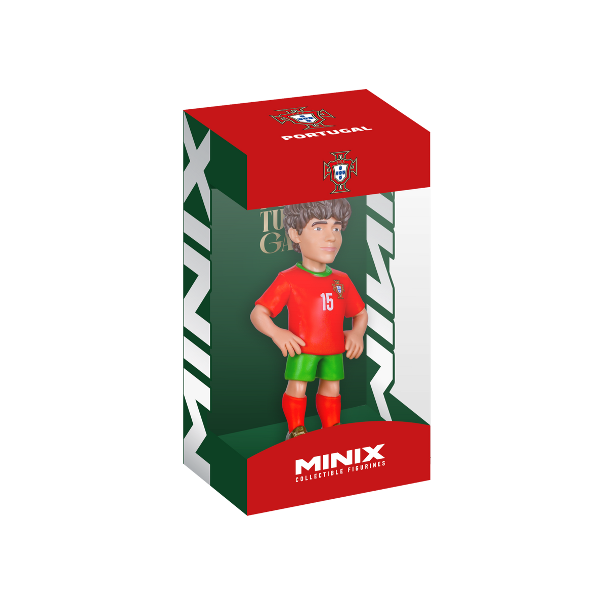 Minix João Neves Portugal figurine in a red number 15 shirt, green shorts and red socks, displayed in a branded box