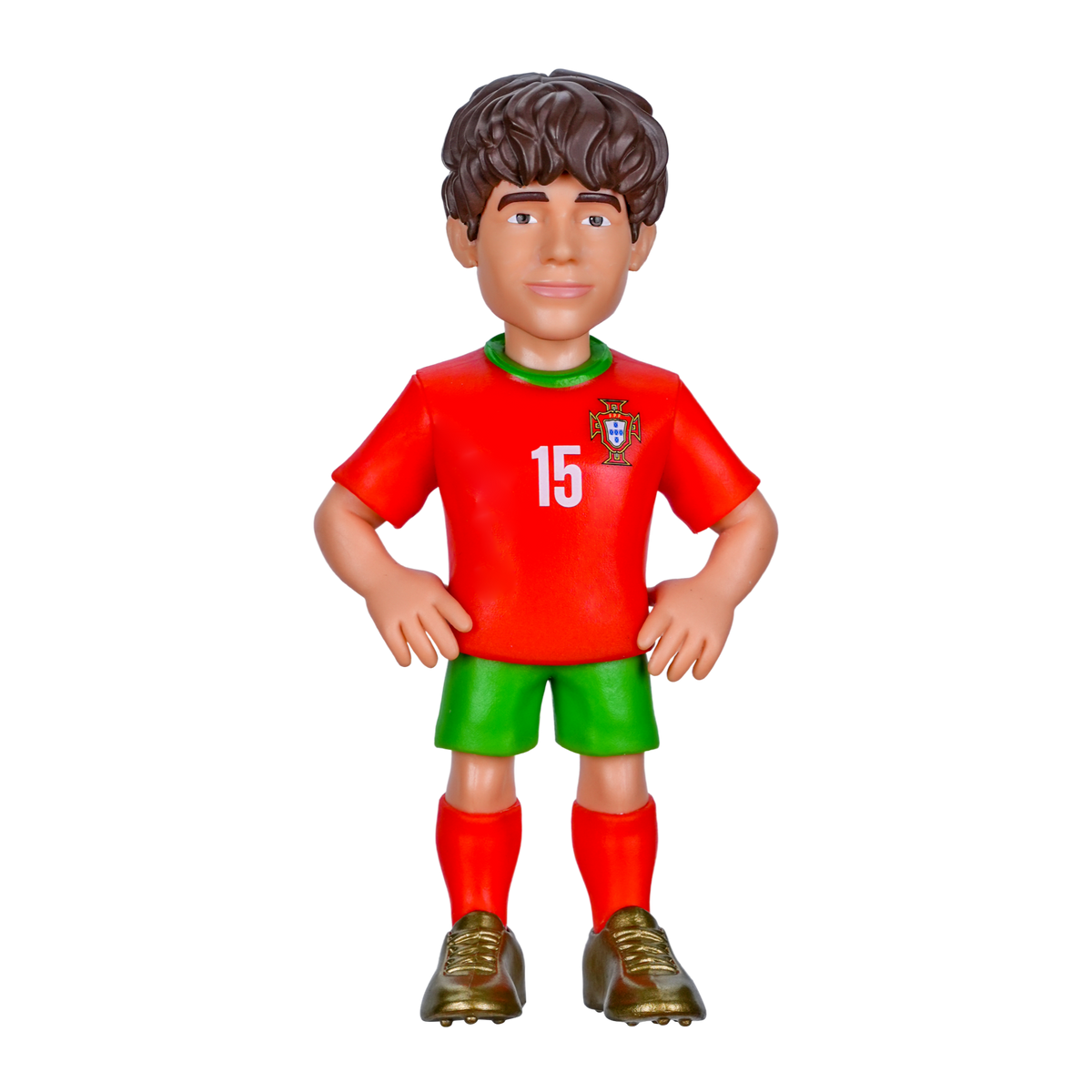 Minix João Neves Portugal football figurine in a red number 15 shirt, green shorts and red socks