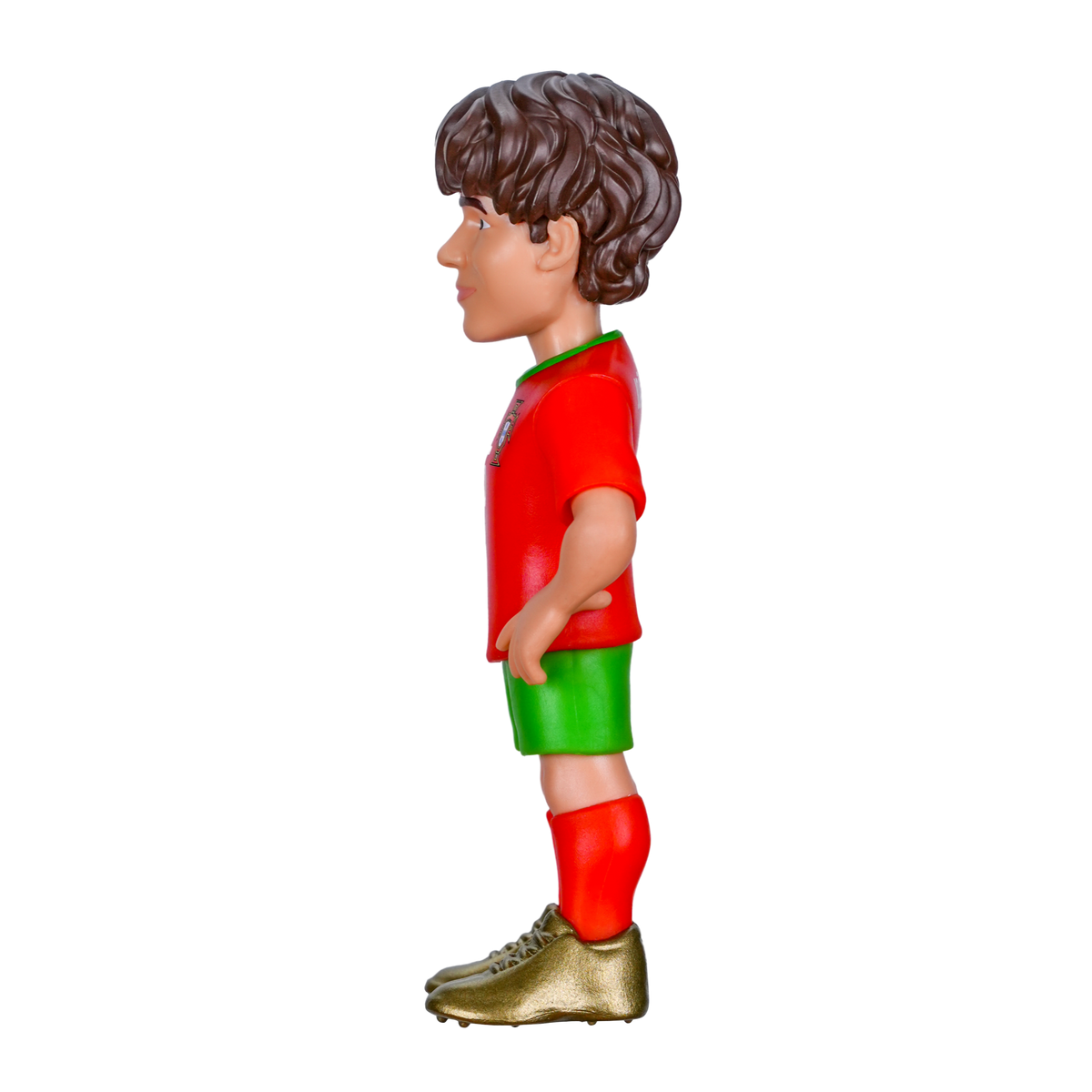 Minix João Neves football figurine with brown hair, wearing a red Portugal shirt, green shorts and gold boots