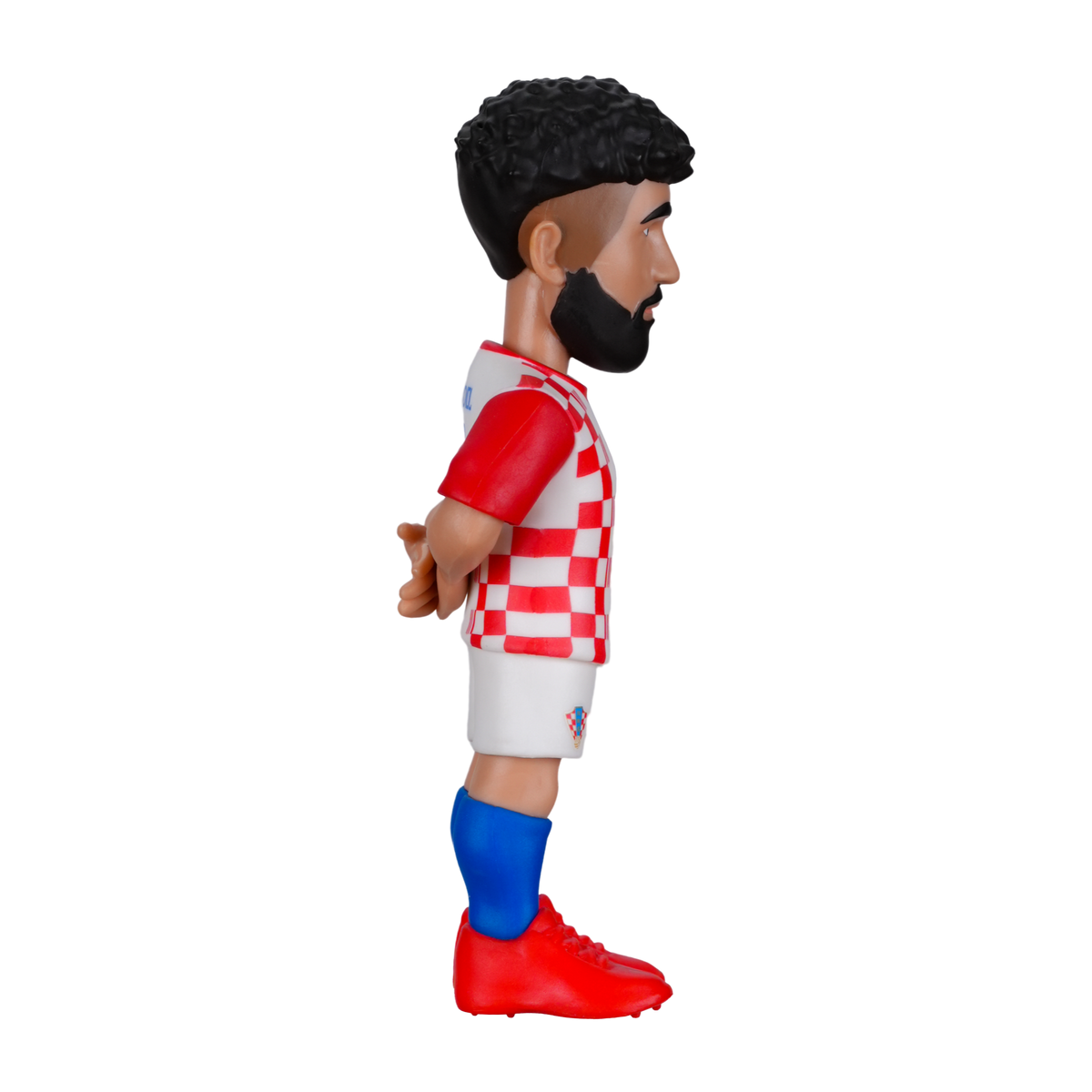 Minix Joško Gvardiol Croatia figurine with curly black hair, beard, red-and-white checkered shirt, blue socks and red boots