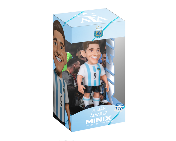 Minix Julián Álvarez figurine with a smiling sculpted face, Argentina’s blue-and-white striped number 9 kit, in a display box