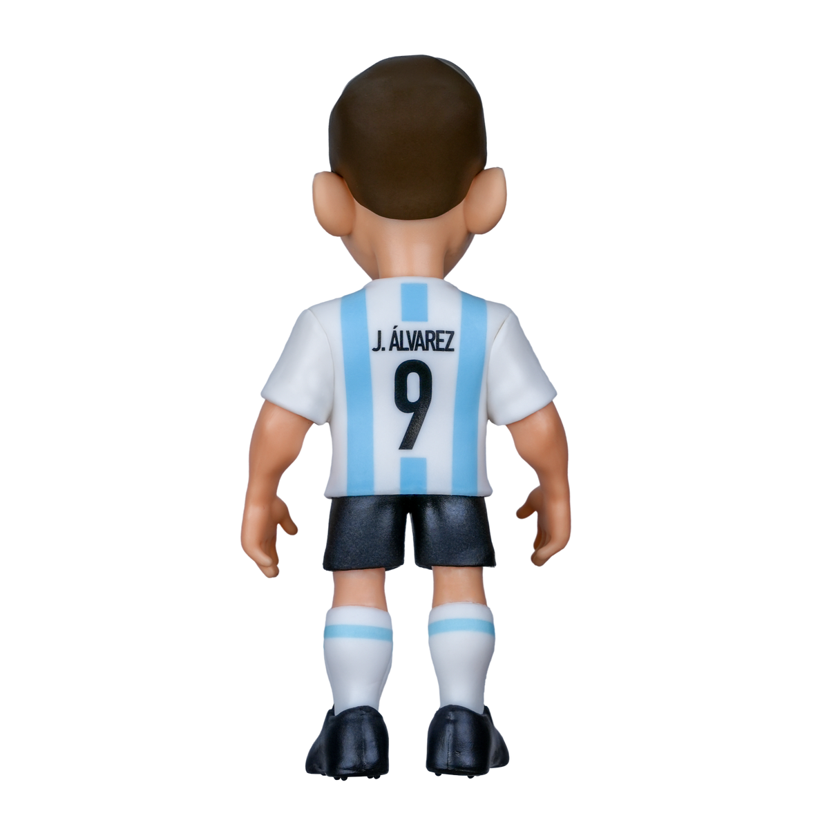 Minix Julián Álvarez figurine shown from behind in Argentina’s white and sky-blue striped number 9 kit, with dark shorts
