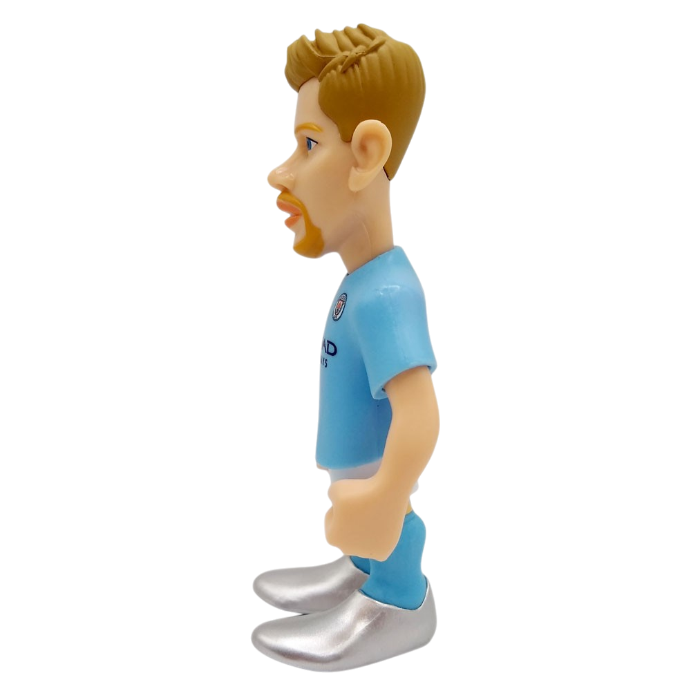 Minix Kevin De Bruyne Manchester City figurine with swept blond hair, light blue kit, and oversized silver shoes