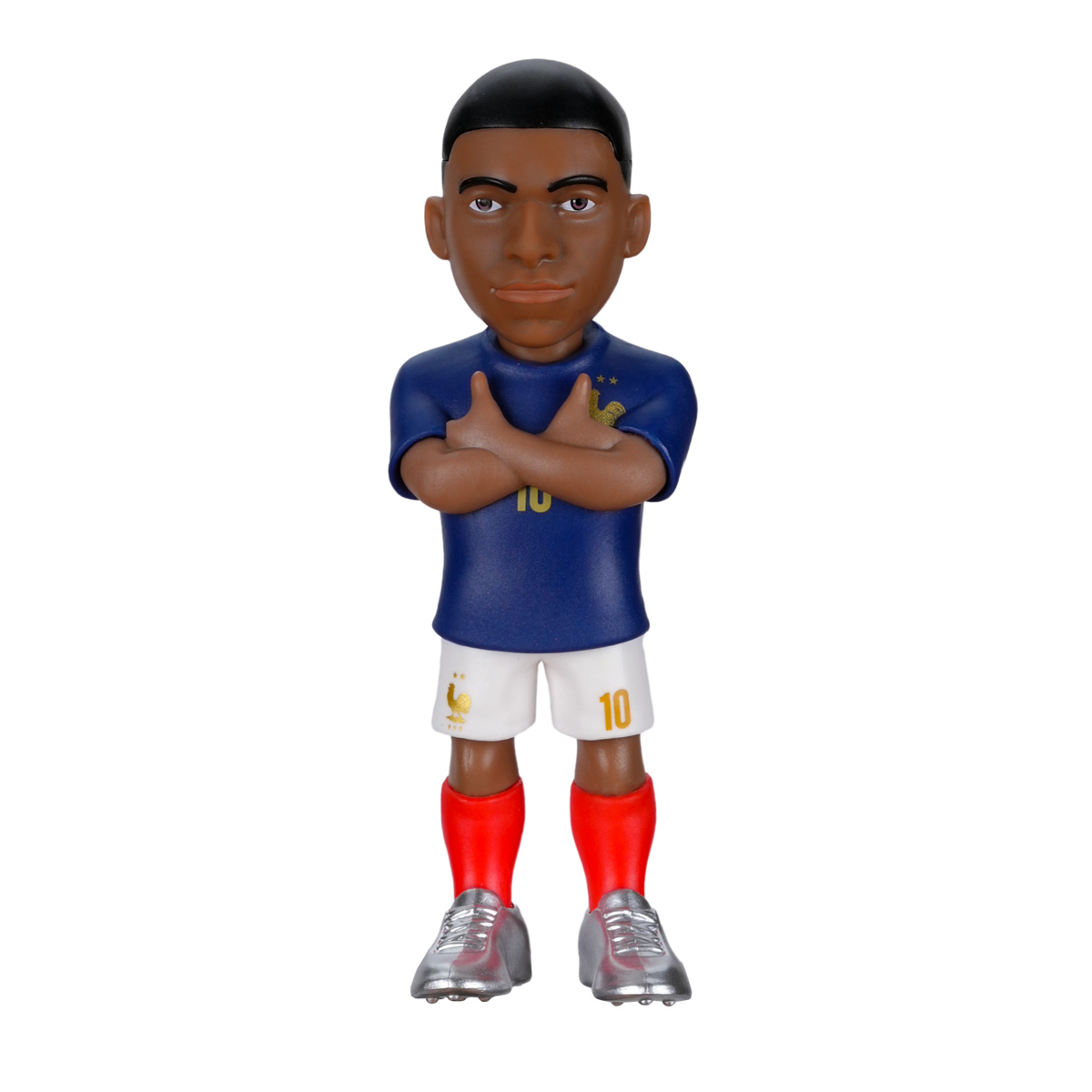 Minix Kylian Mbappé France figurine in a blue jersey, white shorts and red socks, posing with crossed arms