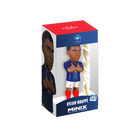Minix Kylian Mbappé France figurine with dark skin, short hair, blue shirt, white shorts and red socks in a display box