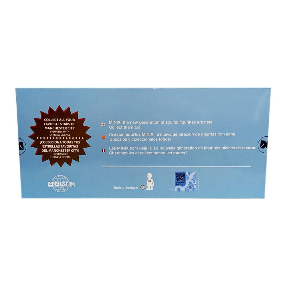 Minix Manchester City collectible figure set packaging in blue cardboard with multilingual text and a black starburst label