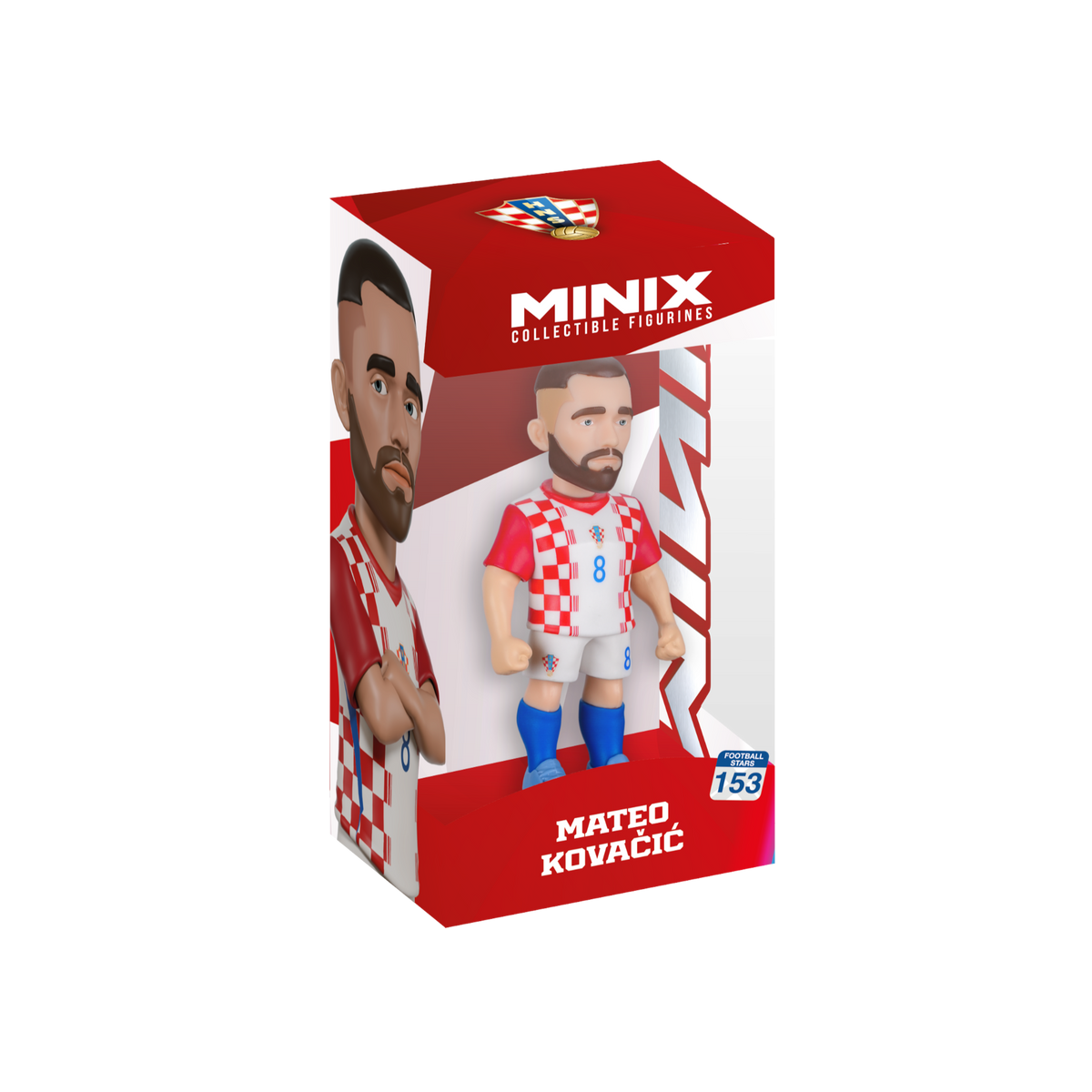 Minix Mateo Kovačić figurine wearing Croatia’s red and white checkerboard football kit with blue shorts, boxed